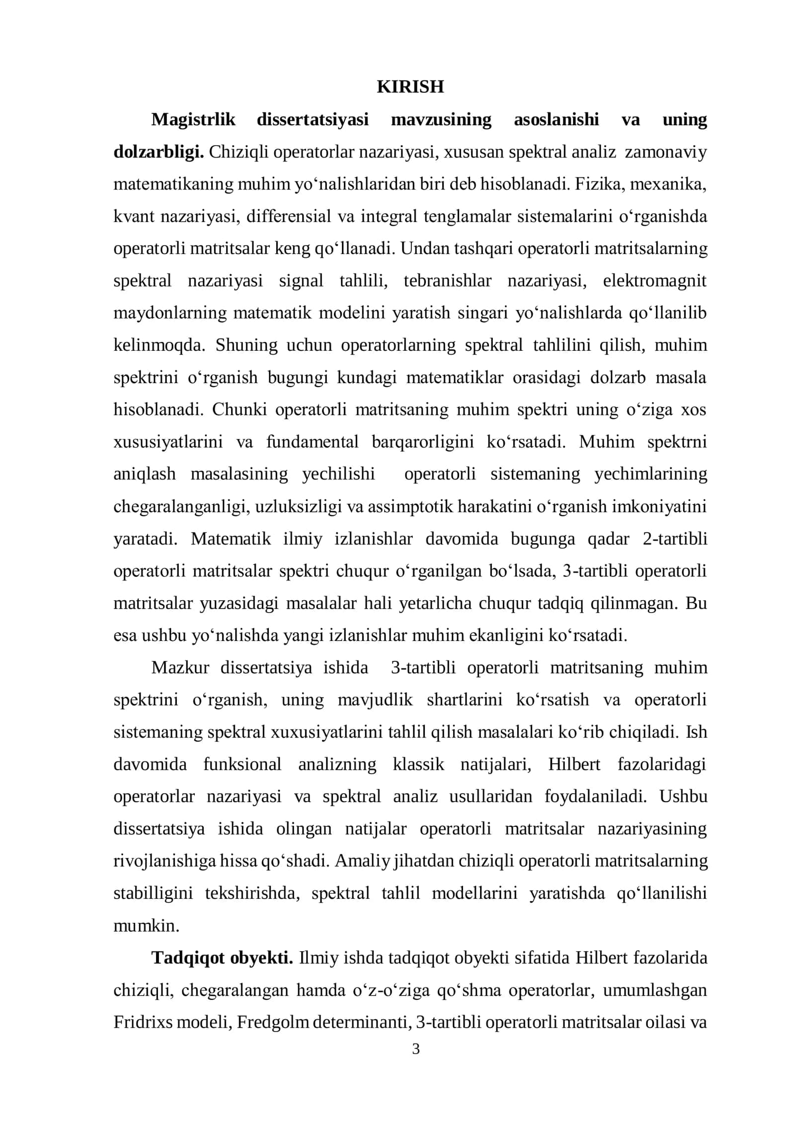 Uchinchi tartibli operatorli matritsalar oilasining muhim spektri 3