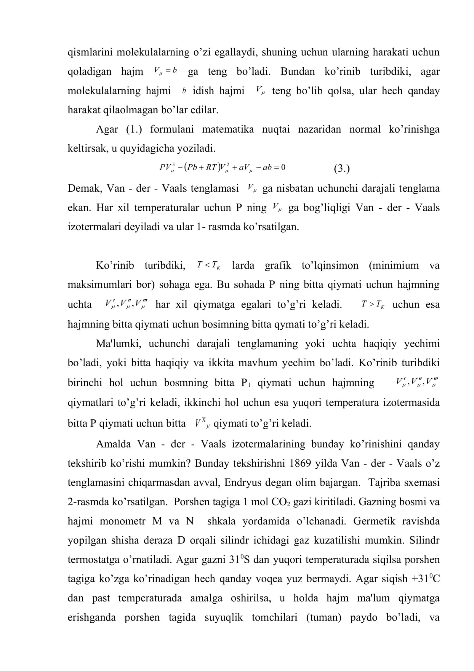 Rеal gazlar. Van-dеr-Vaals tеnglamasi. Kritik holat. Rеal gazlarning ichki enеrgiyasi. Joul-Tomson effеkti 3