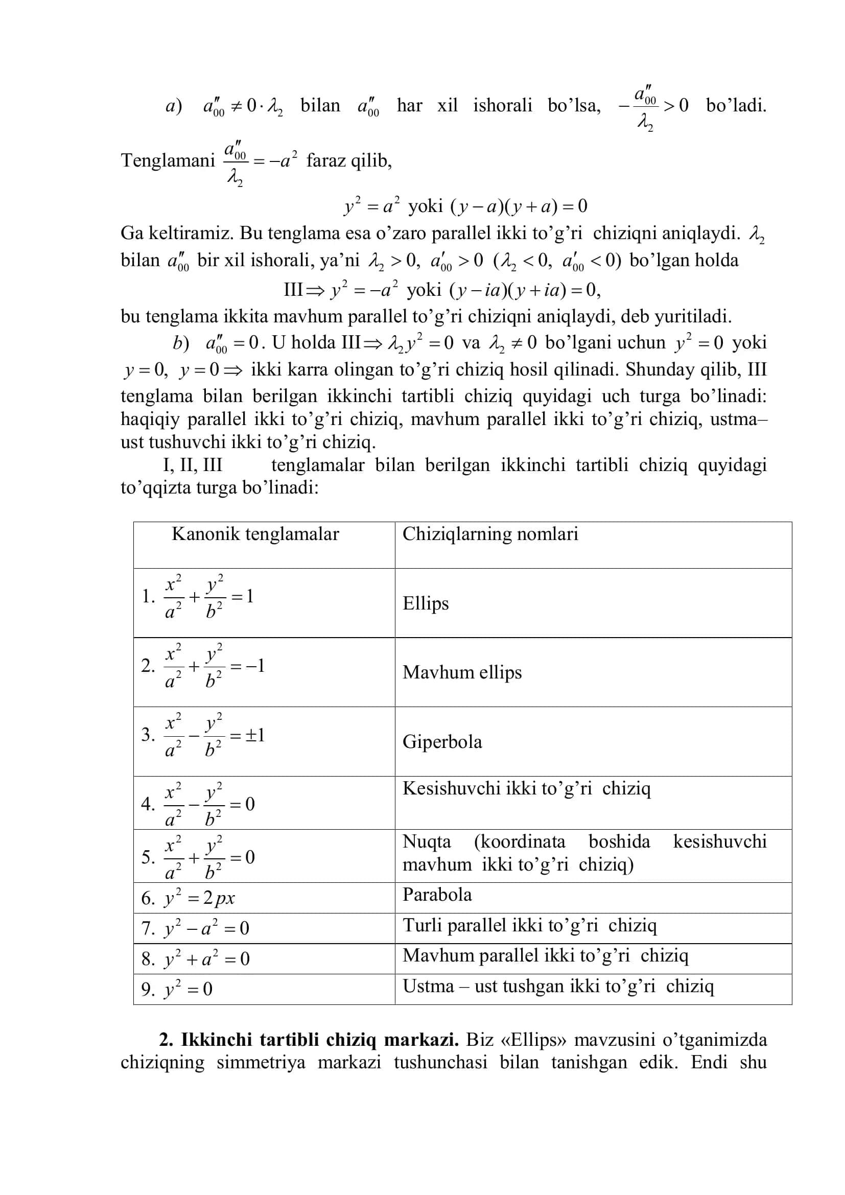 Ikkinchi tartibli chiziqlarning tasnifi 3