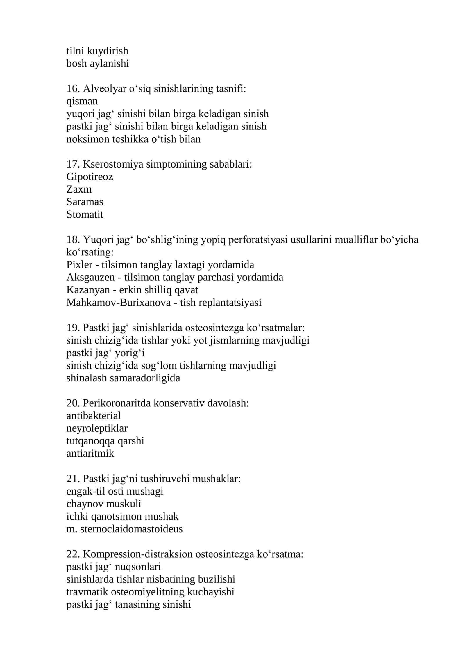 Yuz-jagʻ xirurgiyasi mutaxassisligi bo‘yicha shakllantirilgan test savollari ro‘yxati 2026 3