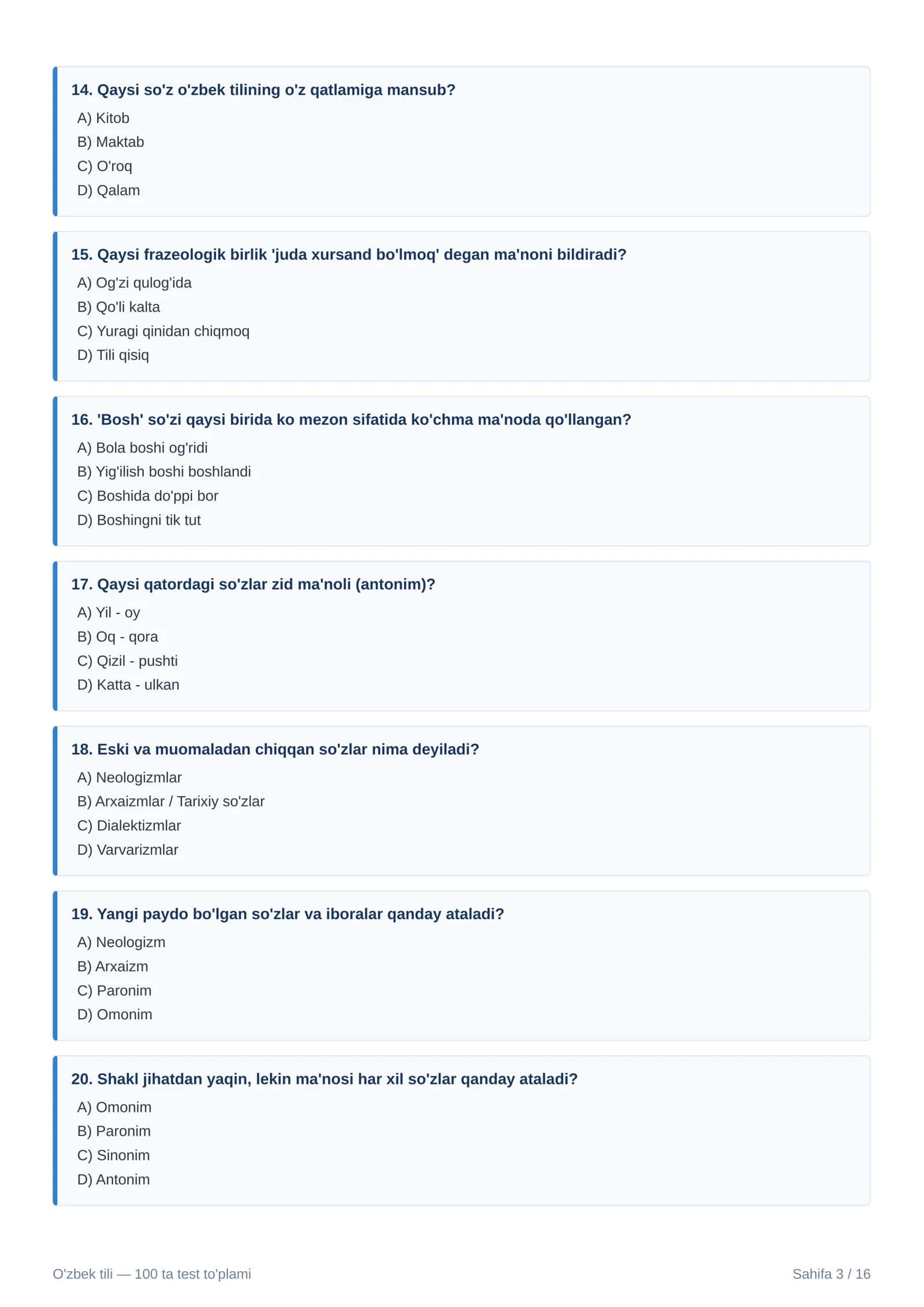 ONA TILIDAN 100 TA TEST TO'PLAMI 3