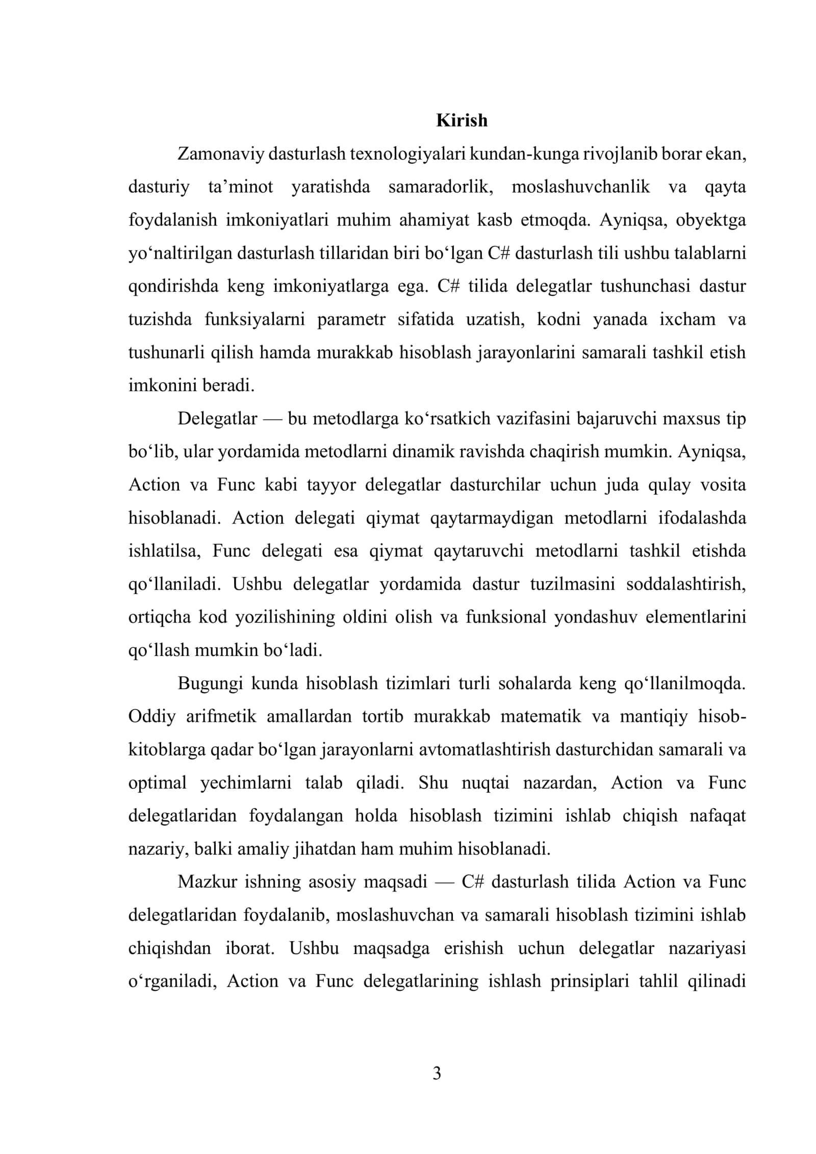 C# dasturlash tilidagi delegatlar, jumladan Action va Func delegatlarining nazariy asoslari va ularning hisoblash tizimini loyihalashda qo'llanilishini 3