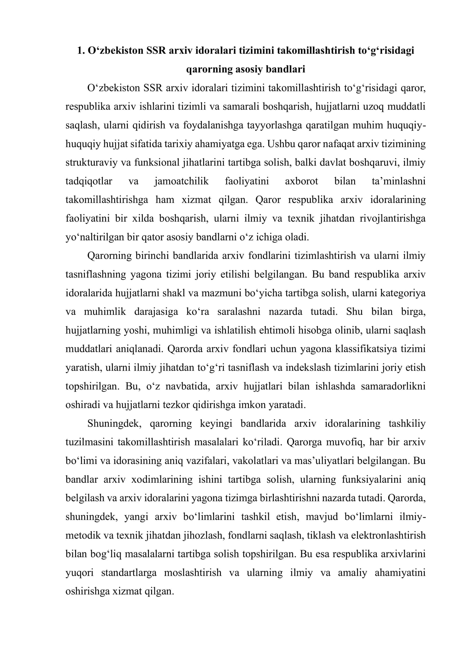 O‘ZBEKISTON SSR ARXIV IDORALARI TIZIMINI TAKOMILLASHTIRISH TO‘G‘RISIDAGI QARORI VA BU HUJJAT ASOSIDA AMALGA OSHIRILGAN ISHLAR 3