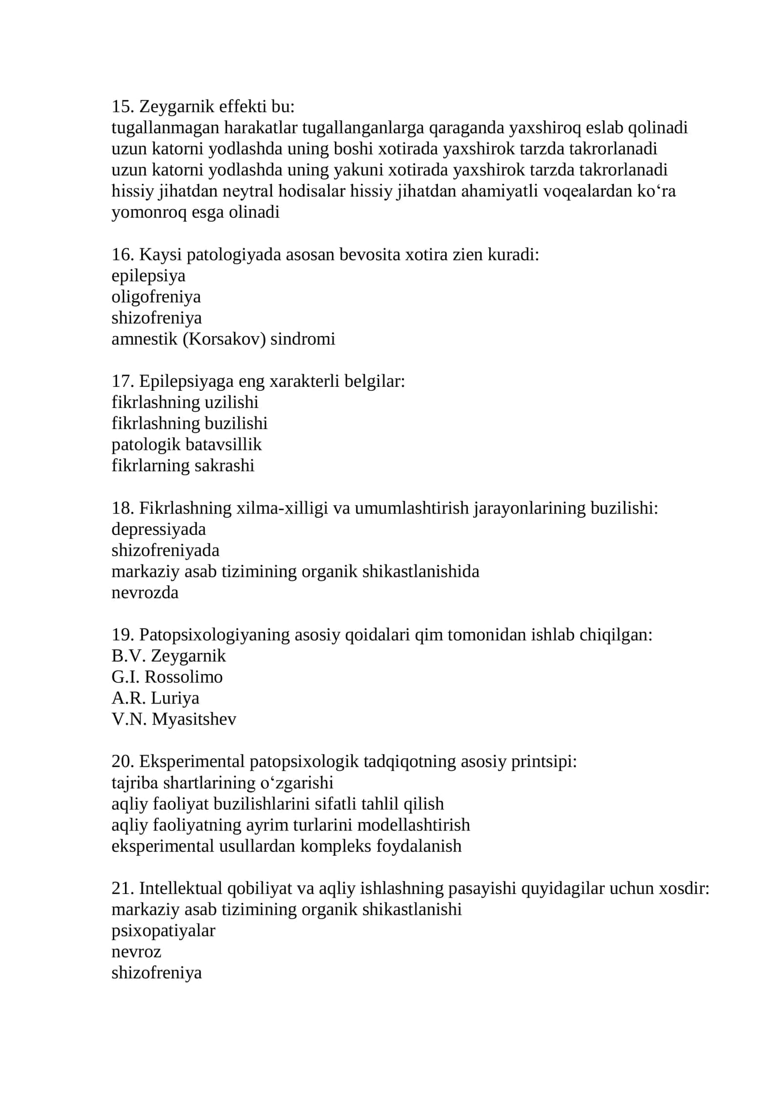 Klinik psixologiya mutaxassisligi boʻyicha shakillantirilgan test savollari roʻyxati 2026 3
