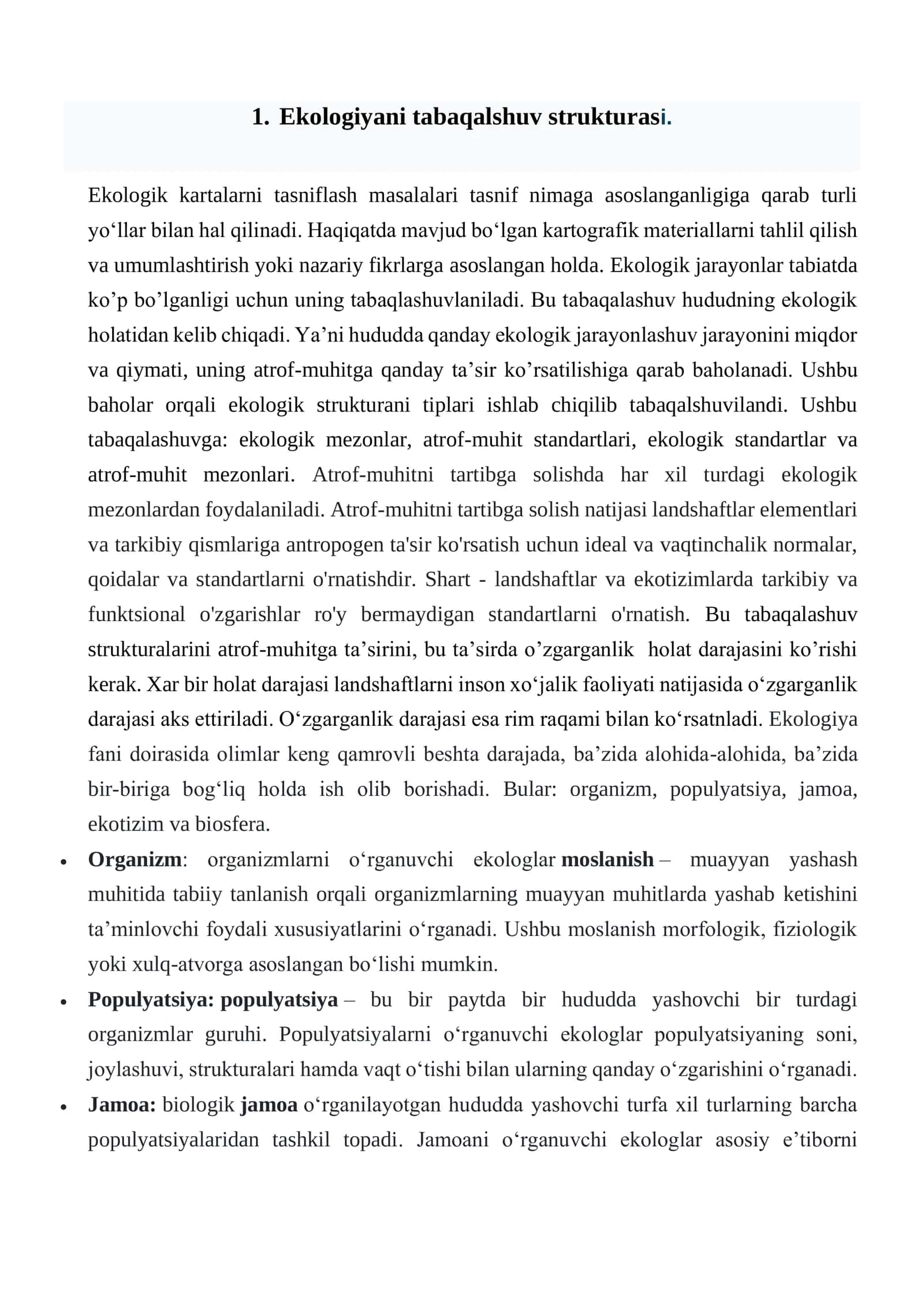 Ekologik mezonlar, meʼyoriy koʻrsatkichlar, ularni oʻrganish va kartalar tuzishda foydalanish. 3
