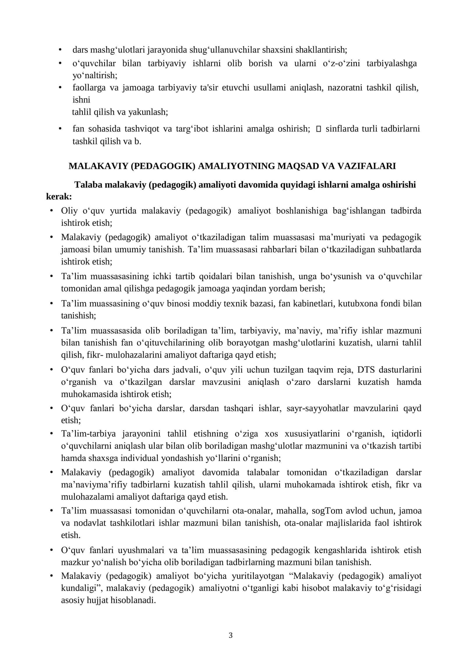 MALAKAVIY (PEDAGOGIK) AMALIYOT davrida yozgan KUNDALIGI 3
