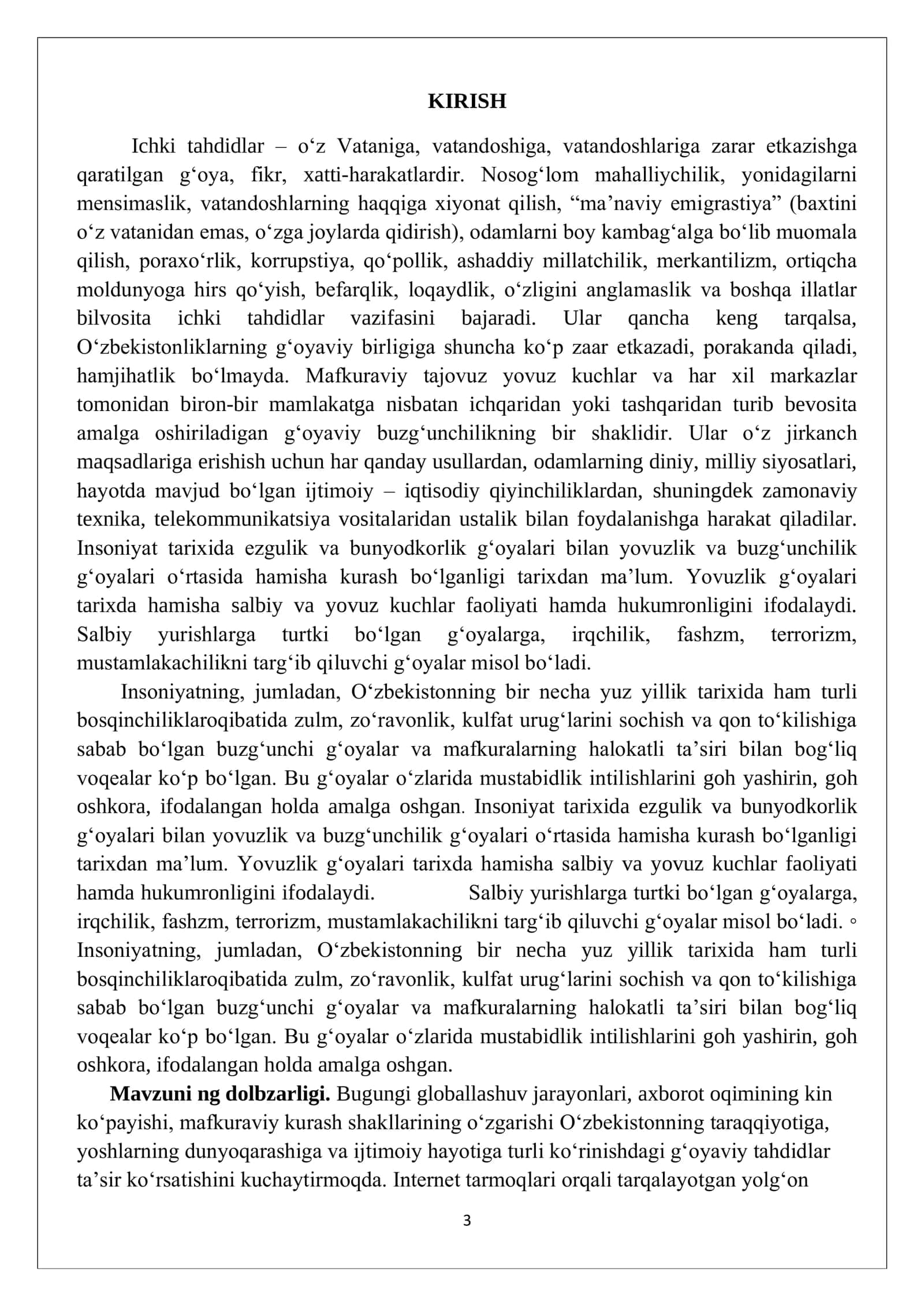 O’zbekiston hayoti va taraqqiyotiga g’oyaviy tahdidlar, ularning ko’rinishlari va namoyon bo’lish xususiyatlari 3