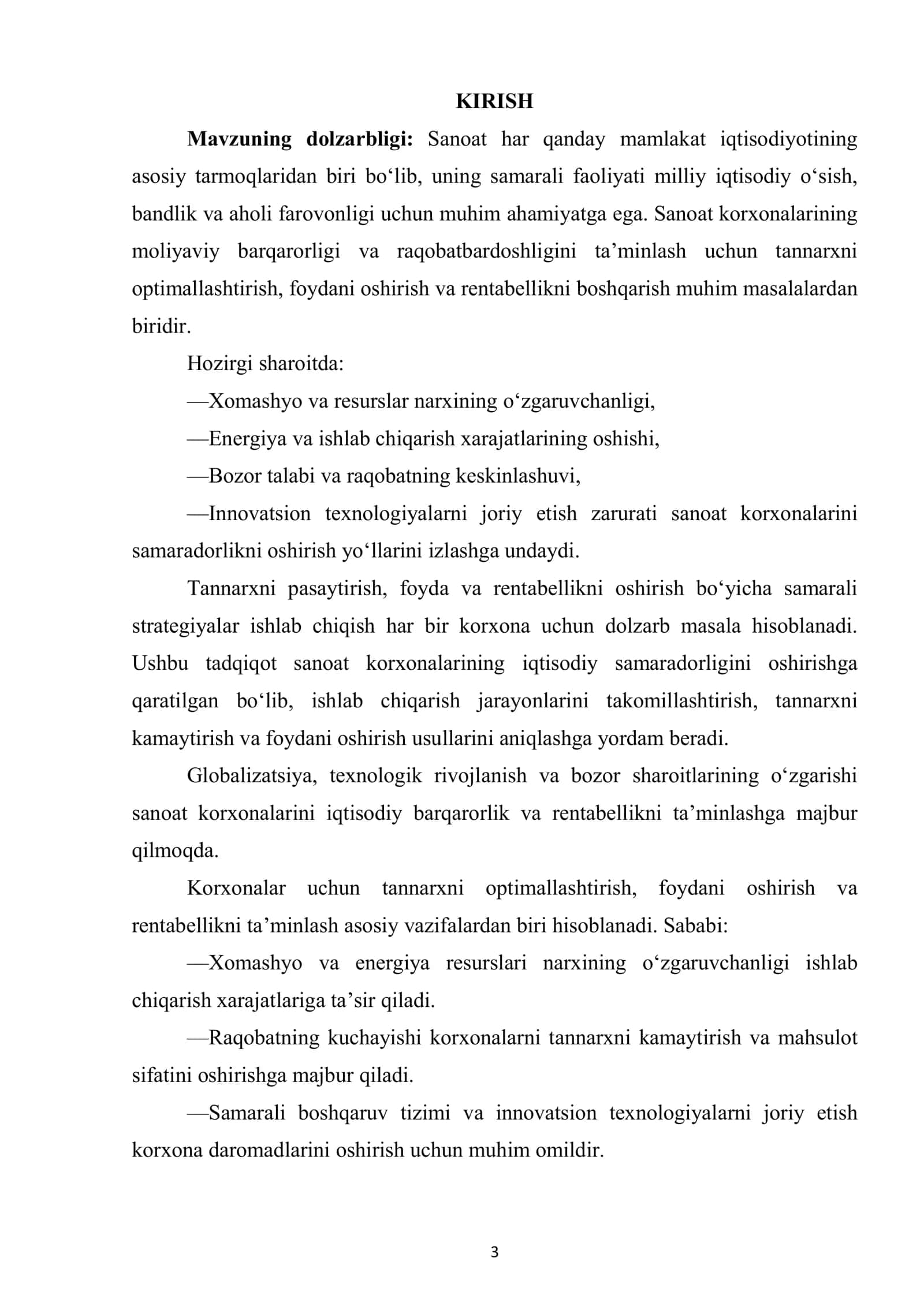 “SANOATDA TANNARX, FOYDA VA ISHLAB CHIQARISH RENTABELLIGI” KURS ISHI 3