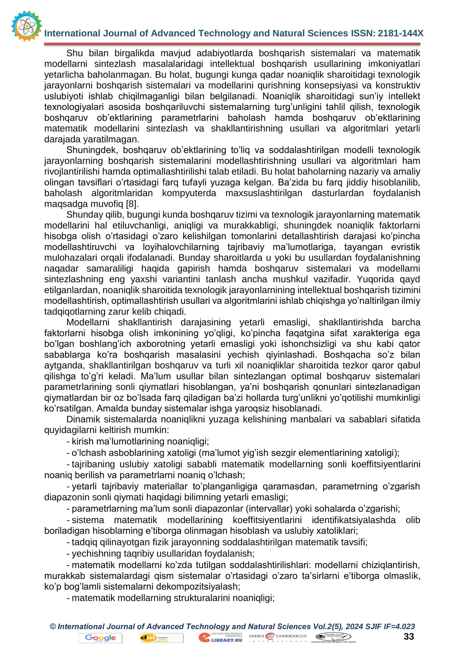 NOANIQLIK SHAROITIDA TEXNOLOGIK JARAYONLARNING INTELLEKTUAL BOSHQARISH TIZIMLARINI KOMPYUTERLI MODELLASHTIRISH 3