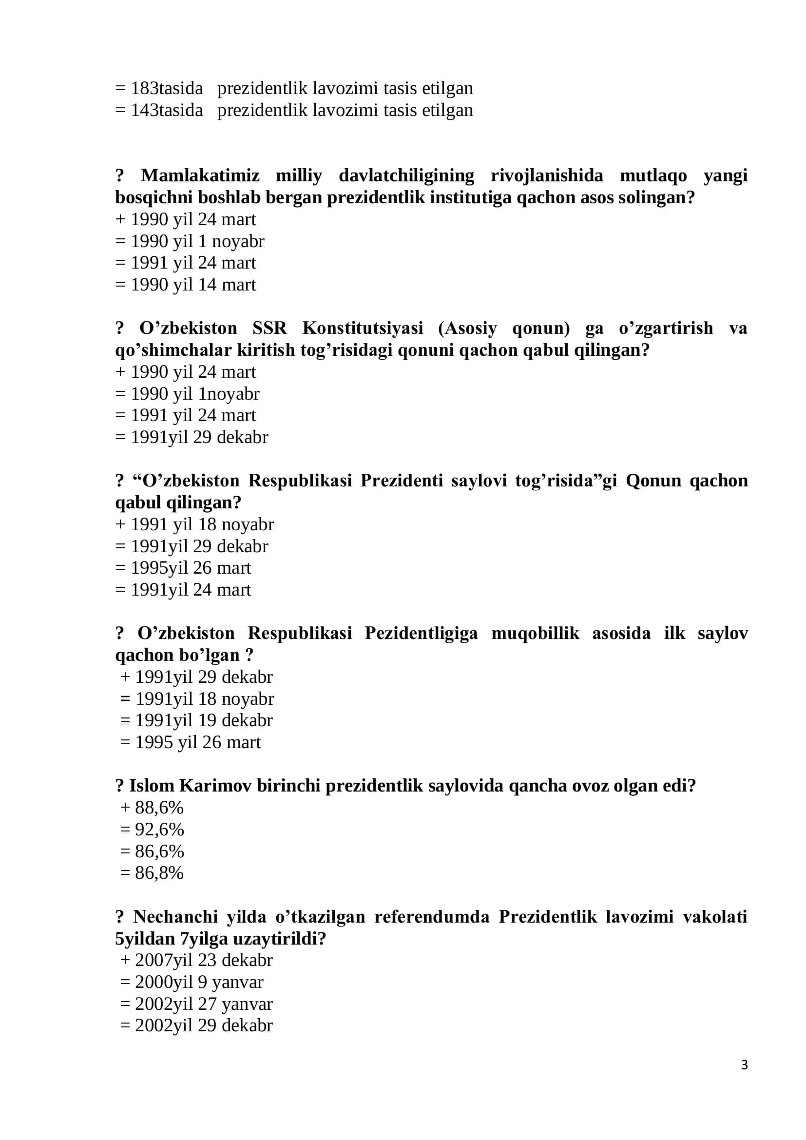 O’ZBEKISTONNING ENG YANGI TARIXI testlar 3