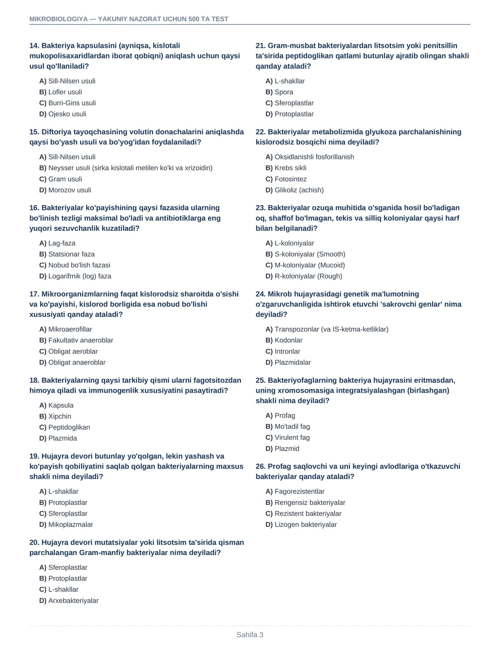 Mikrobiologiya — yakuniy nazorat uchun 500 ta test savoli + javoblari 3