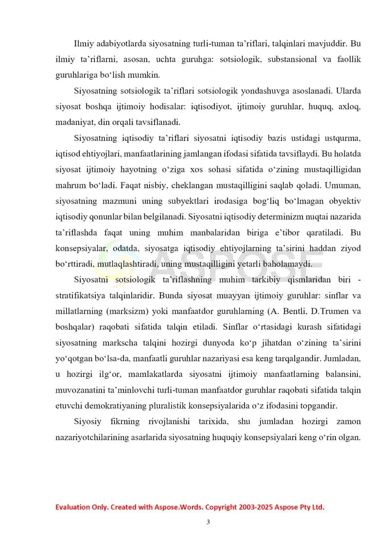 Referat+test «Siyosat ijtimoiy hayotning turli sohalari bilan o‘zaro munosabati» 3