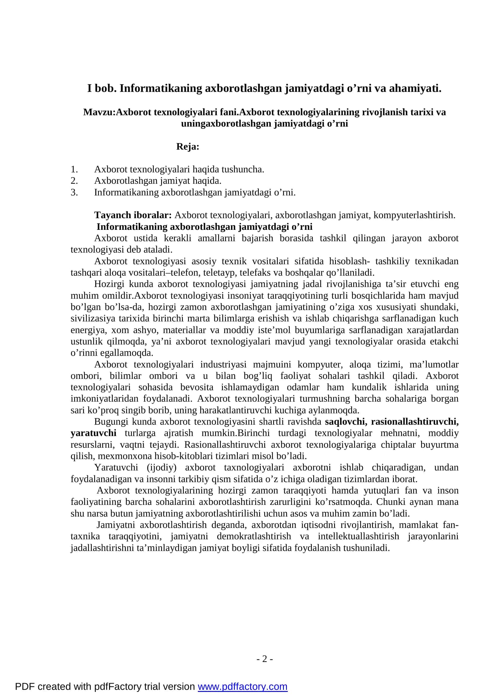 «Axborot texnologiyalari» fanidan ma’ruza matnlari to’plami 3