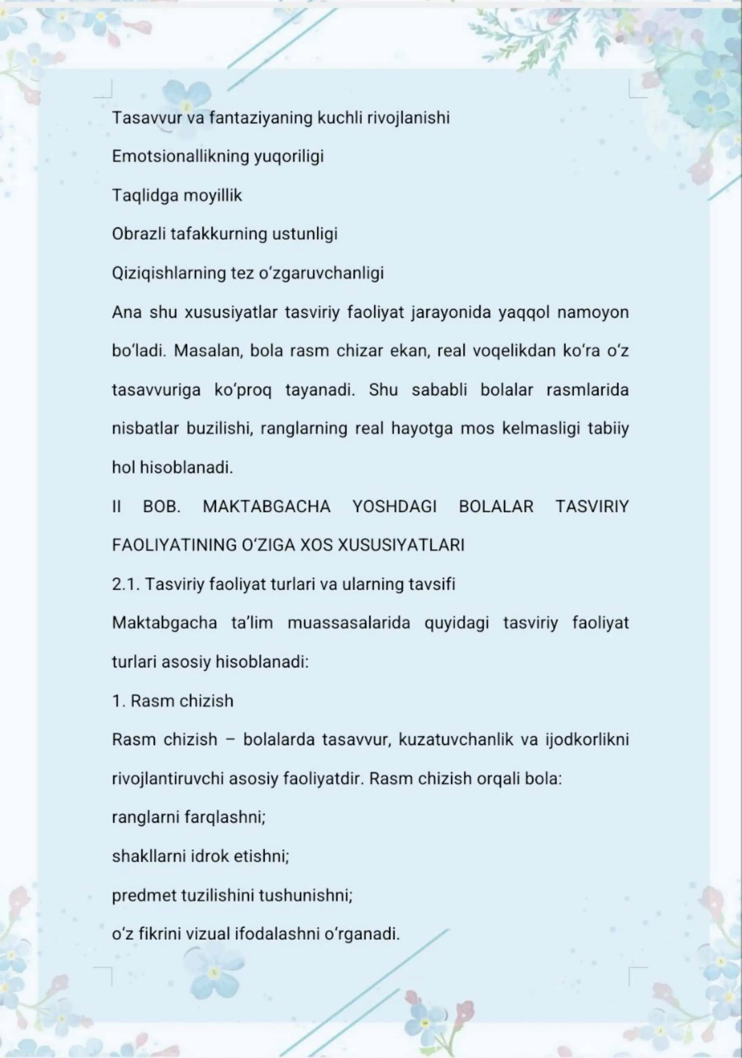 MAKTABGACHA  YOSHDAGI  BOLALARNI  TASVIRIY  FAOLIYATLARINING O'ZIGA XOS XUSUSIYATLARI 3