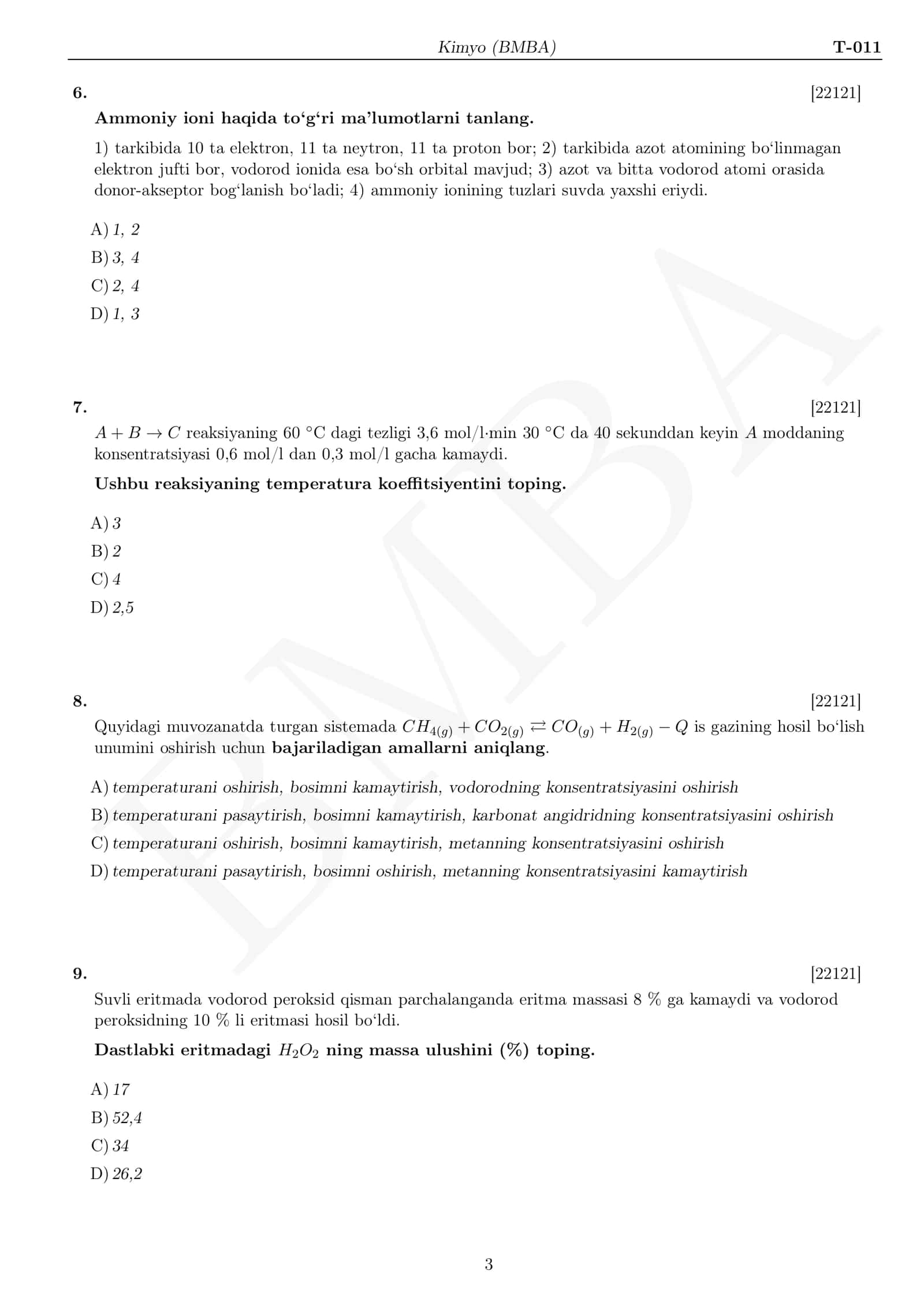 🧪 Kimyo fanidan milliy sertifikat namunaviy test 3