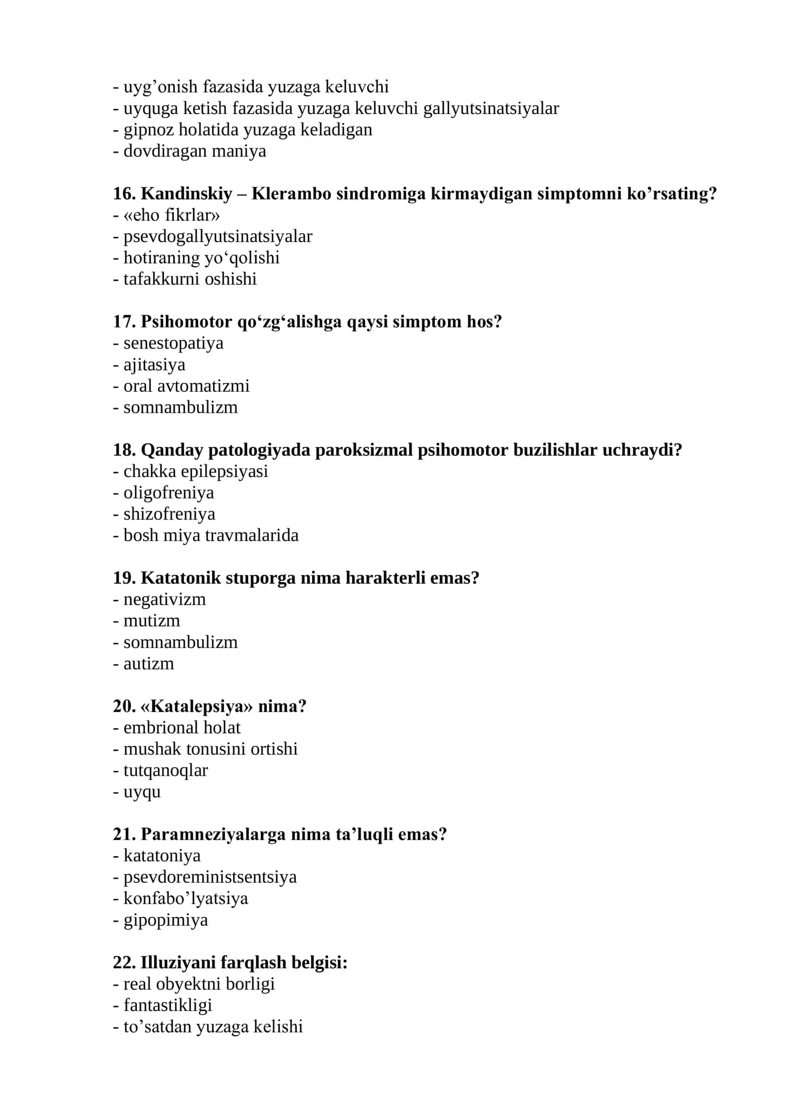 Suitsidologiya mutaxassisligi bo'yicha shakllantirilgan test savollari ro'yxati 2026 3