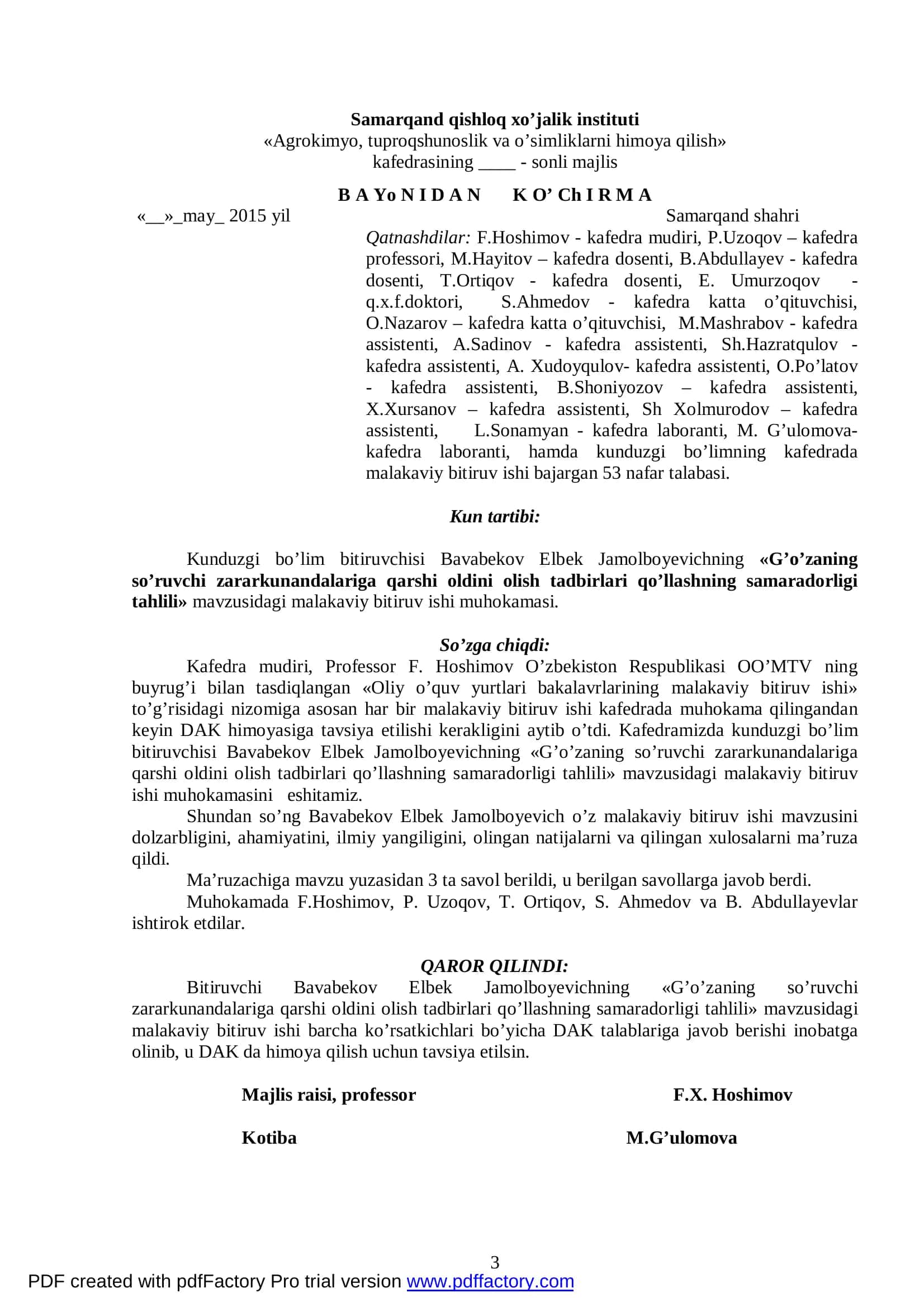O’simliklar himoyasi va karantini ta’lim yo’nalishi bakalavriat bitiruvchisi 3