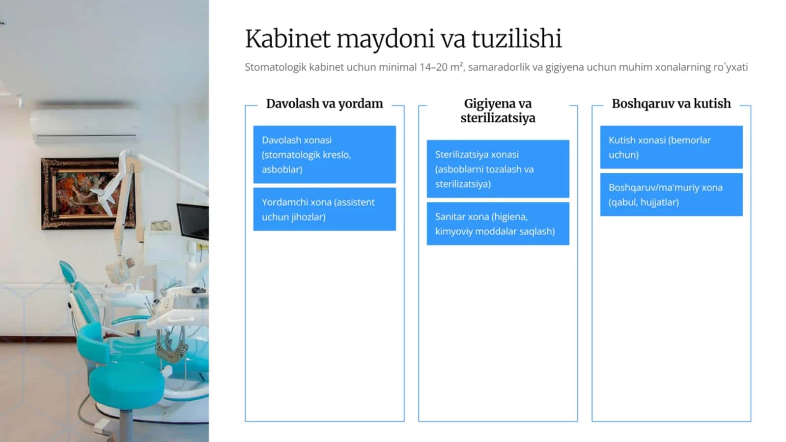 Stomatologik kabinetni tashkil etish asoslari. Stomatologik kabinetning texnik jihozlanishi. Stomatologiyada sterilizatsiya va dezinfeksiyani o'ziga xosligi. Sanitar-texnik talablar 3
