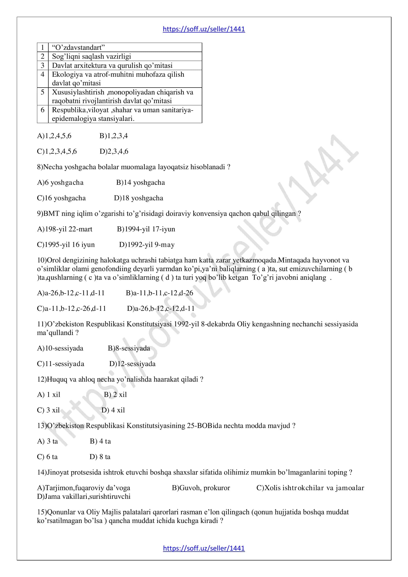 Huquq fanidan testlar to'plami 3