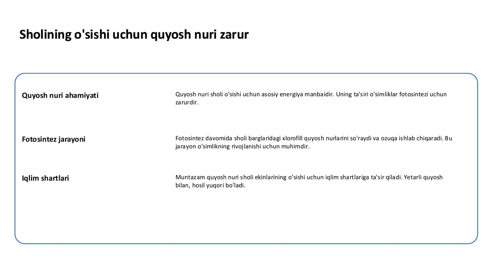 Shol o'sishi uchun quyosh nuri zarur 3