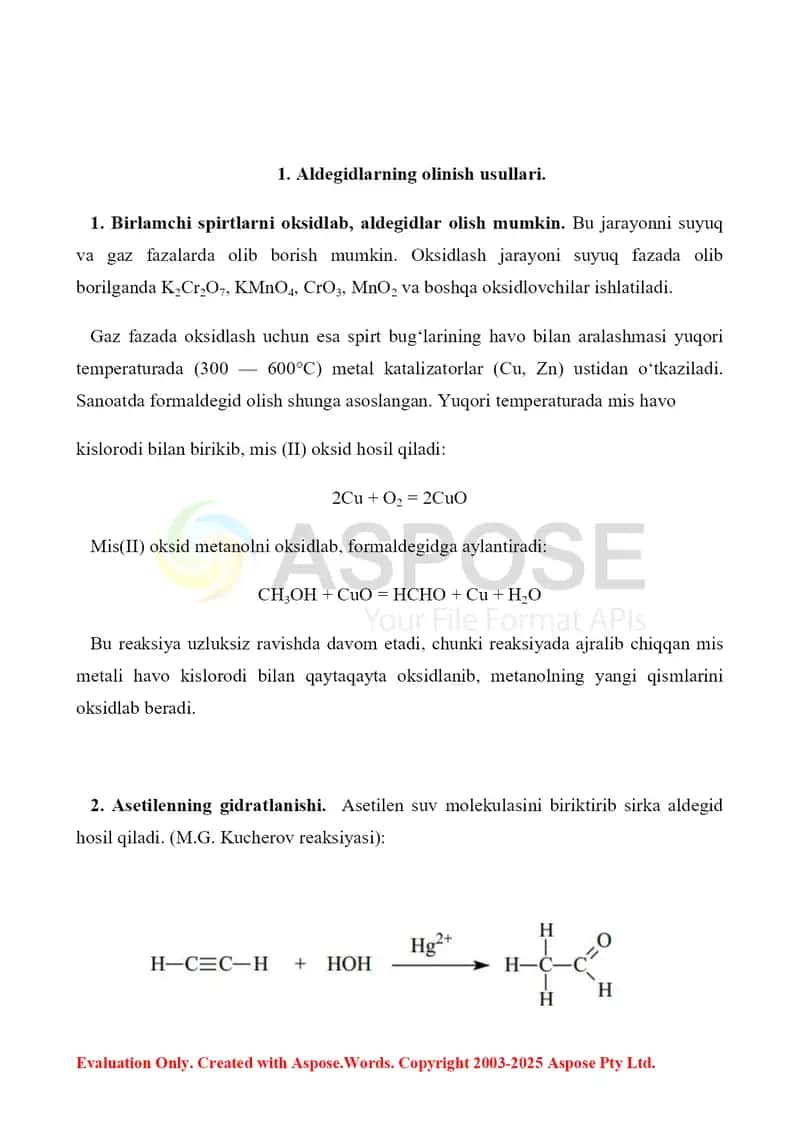 11. Aldegid va ketonlarning olinish usullari. To’yinmagan aldegidlar. Xinonlar. Referat 9 bet 3