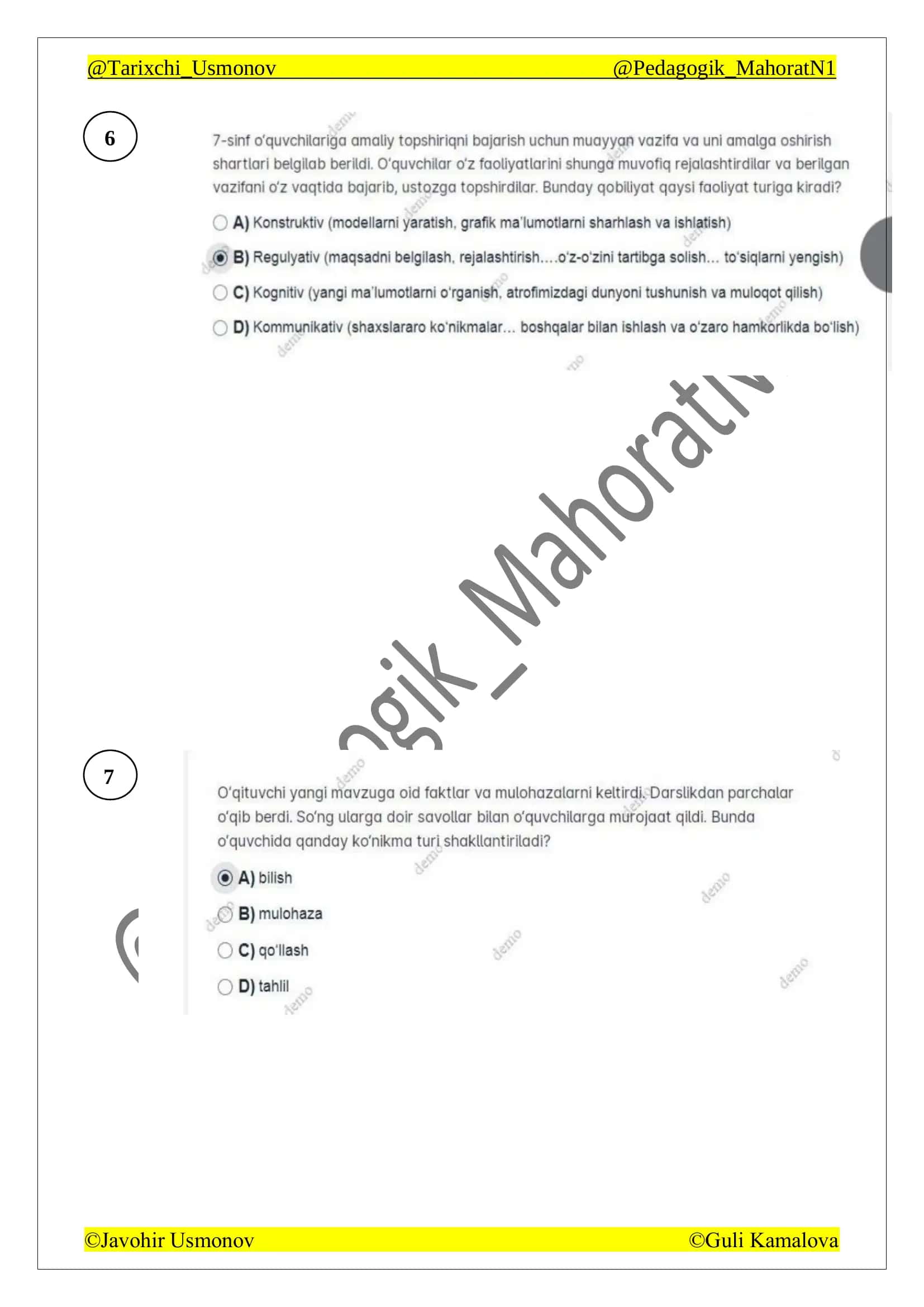 Toyfa imtihobida pedagogikadan tushgan testlar javobi bilan 3