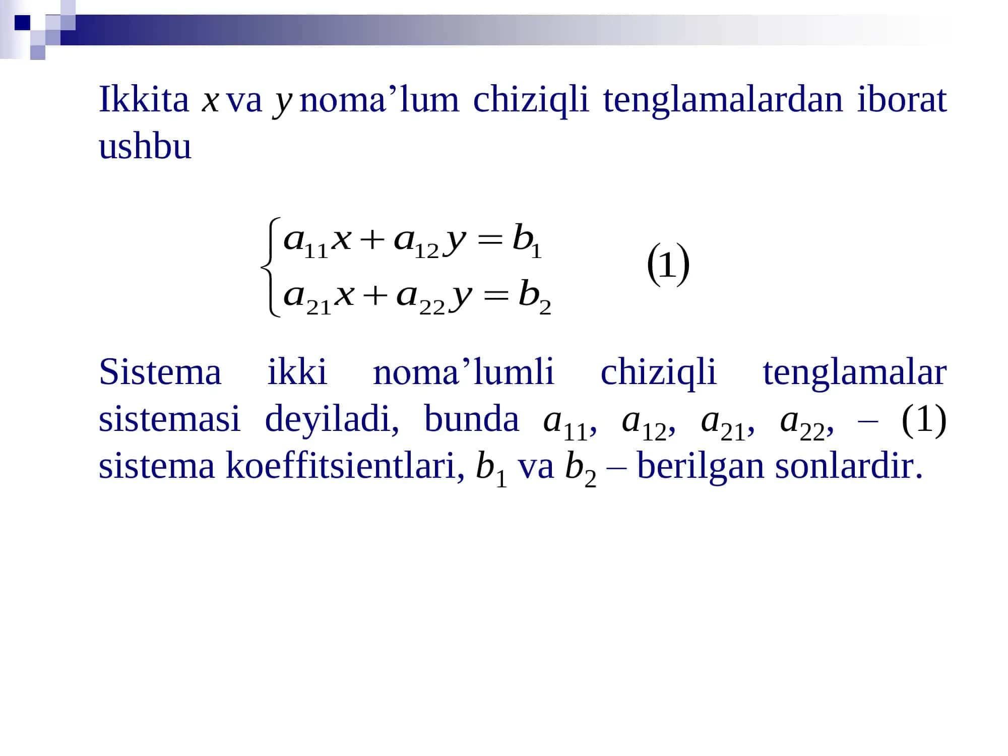Chiziqli algebraik tenglamalar sistemasi. Kramer qoidasi va Gauss usuli. 3