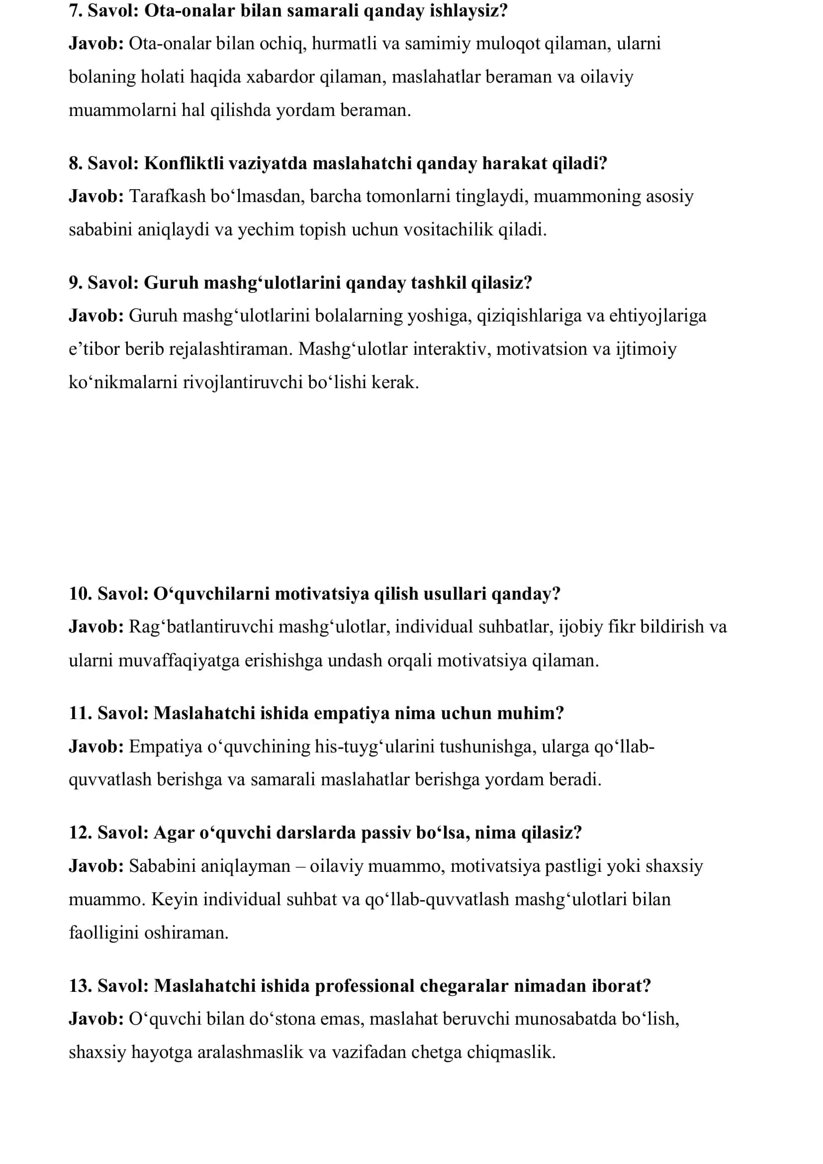 Maktab maslahatchisiga nomzodlar uchun Sotuvdagi suhbat savollari 3