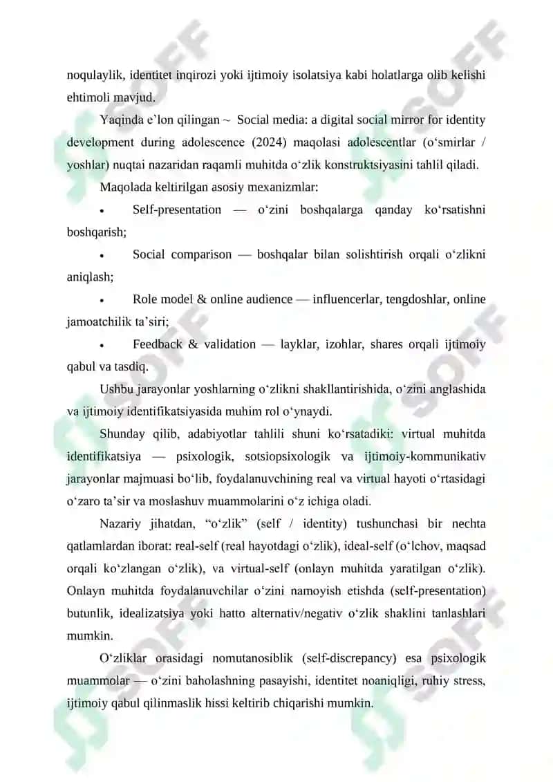 VIRTUAL MUHITDA SHAXS IDENTIFIKATSIYASI JARAYONI: PSIXOLOGIK VA SOTSIOLOGIK YONDASHUVLAR 3