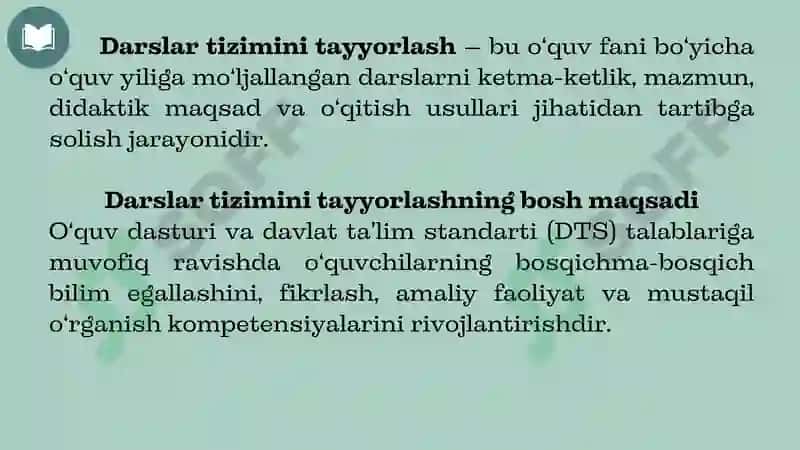 Dars tizimini tayyorlash. Dars rejasi va uning asosini tashkil etuvchilari. Dars tahlili. 3