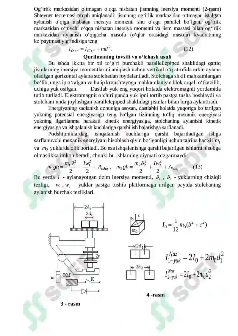 LABORATORIYA ISHI . OBERBEK MAYATNIGI YORDAMIDA JISMLARNING INERSIYA MOMENTLARINI ANIQLASH 3