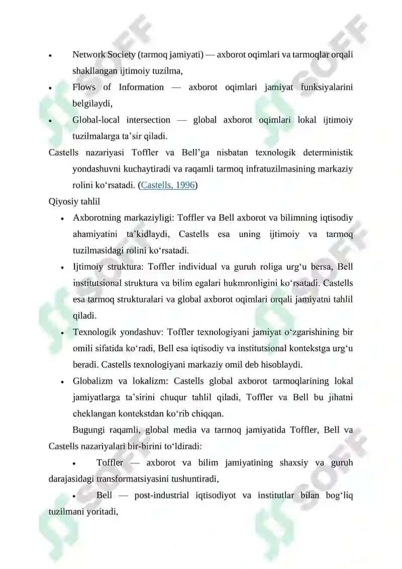 AXBOROTLASHGAN JAMIYAT NAZARIYALARINING QIYOSIY TAHLILI (TOFFLER, CASTELLS, BELL, BAUDRILLARD) 3