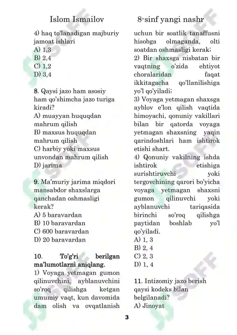 8 sinf huquq 2024 yil yamgi nashr bo'yicha 30 talik test 3