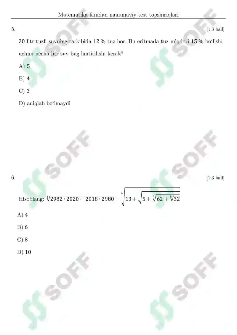DTM testlari va javoblari matematika fanidan 3