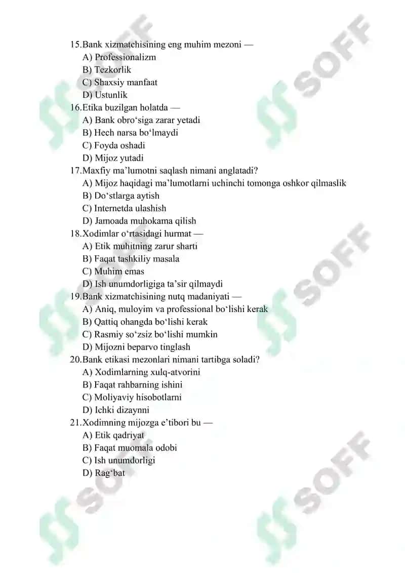 Bank xizmatchisi etikasining mezonlari bo‘yicha 40 talik test savollari Hammasini javobi A Pdf 3