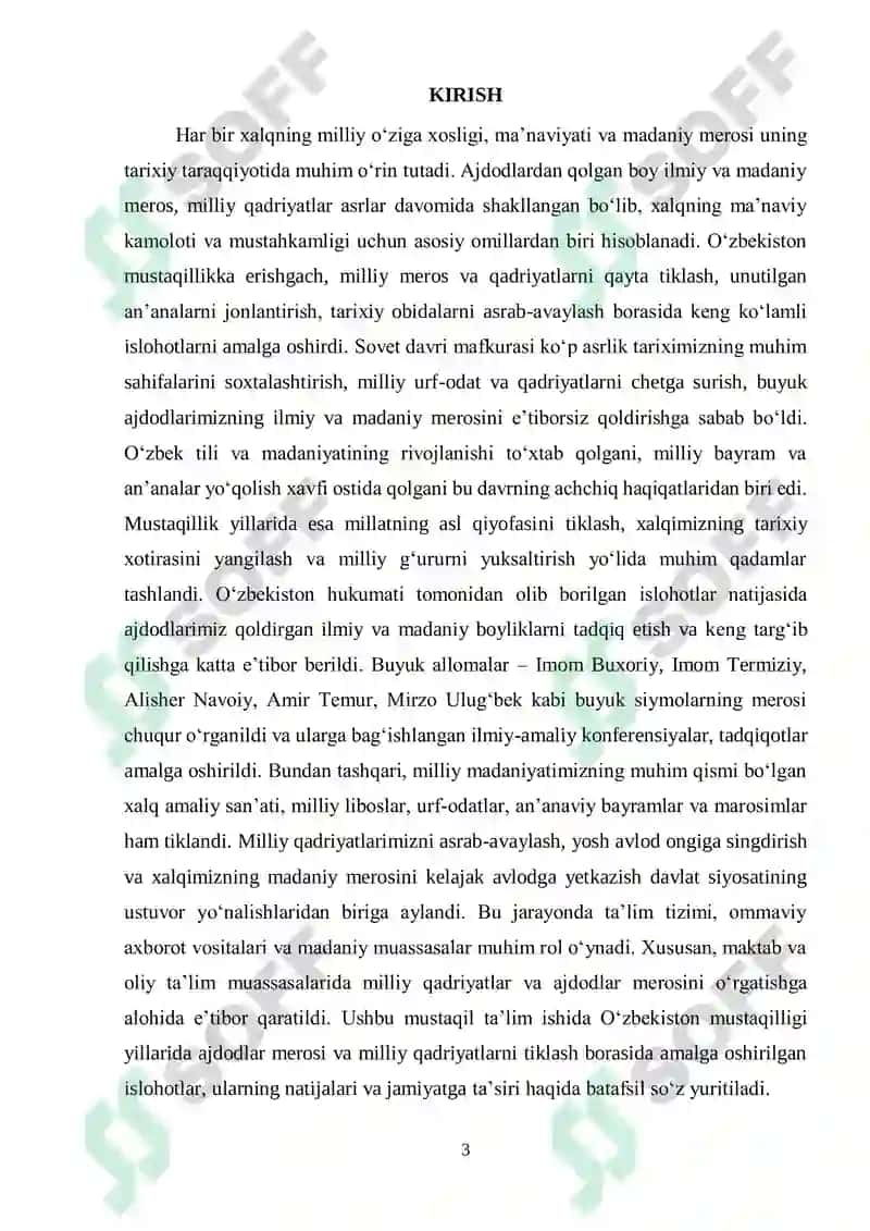 Mustaqillik yillarida ajdodlar merosi va milliy qadriyatlarni tiklash borasidagi amalga oshirilgan islohotlar 3