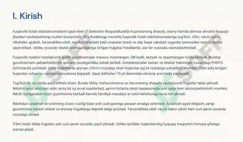 FUQAROLIK HOLATI DALOLATNOMALARINI QAYD ETISH MAZVUSI BO'YICHA MUSTAQIL ISH 3