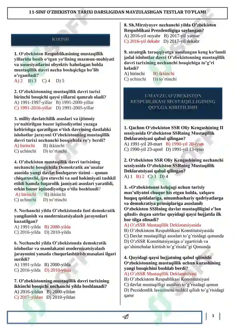 O‘zbekiston tarixi 11-sinf mavzulashtirilgan testlar to‘plami 3