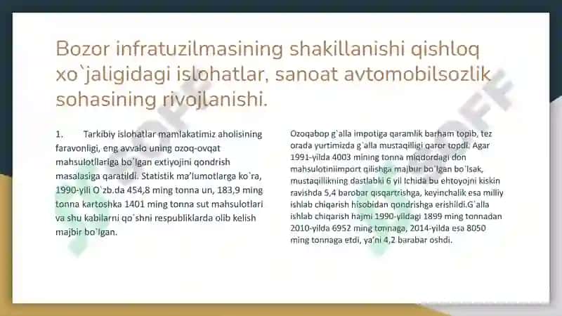 Bozor infratuzilmasining shakillanishi qishloq xo`jaligidagi islohatlar, sanoat avtomobilsozlik sohasining rivojlanishi 3