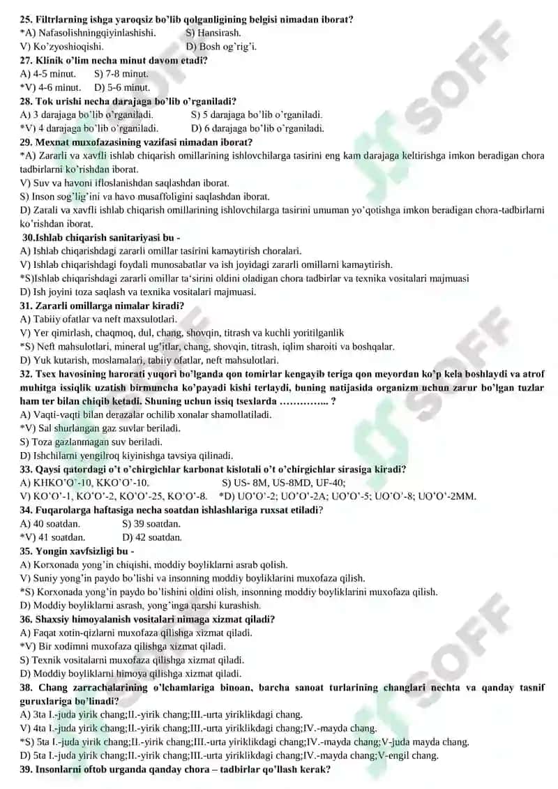 HAYOT FАОLIYATI ХАVFSIZLIGI FАNIDAN TEST SAVOLLARI 3