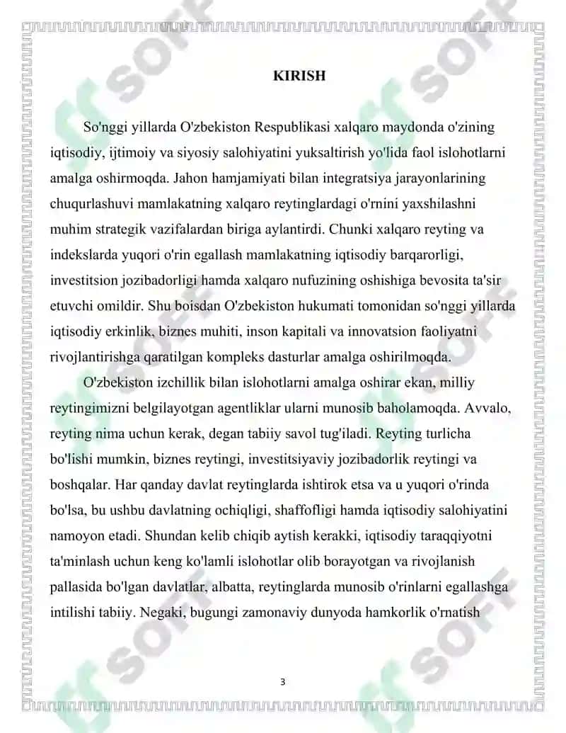 O'ZBEKISTON RESPUBLIKASI UCHUN USTUVOR BO'LGAN XALQARO REYTING VA INDEKSLAR BO'YICHA SAMARADORLIKNING ENG MUHIM KO'RSATKICHLARINI OSHIRISH BORASIDA OLIB BORILAYOTGAN CHORA-TADBIRLAR 3