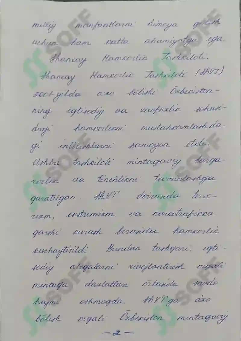 "O'zbekiston Respublikasining BMT, ShDH, TTDHga a'zo bo'lishi hamda jahon hamjamiyatidagi o'rni va nufuzining ortib borishi" mavzusida esse - Mustaqil ish (qo'l yozma) 3
