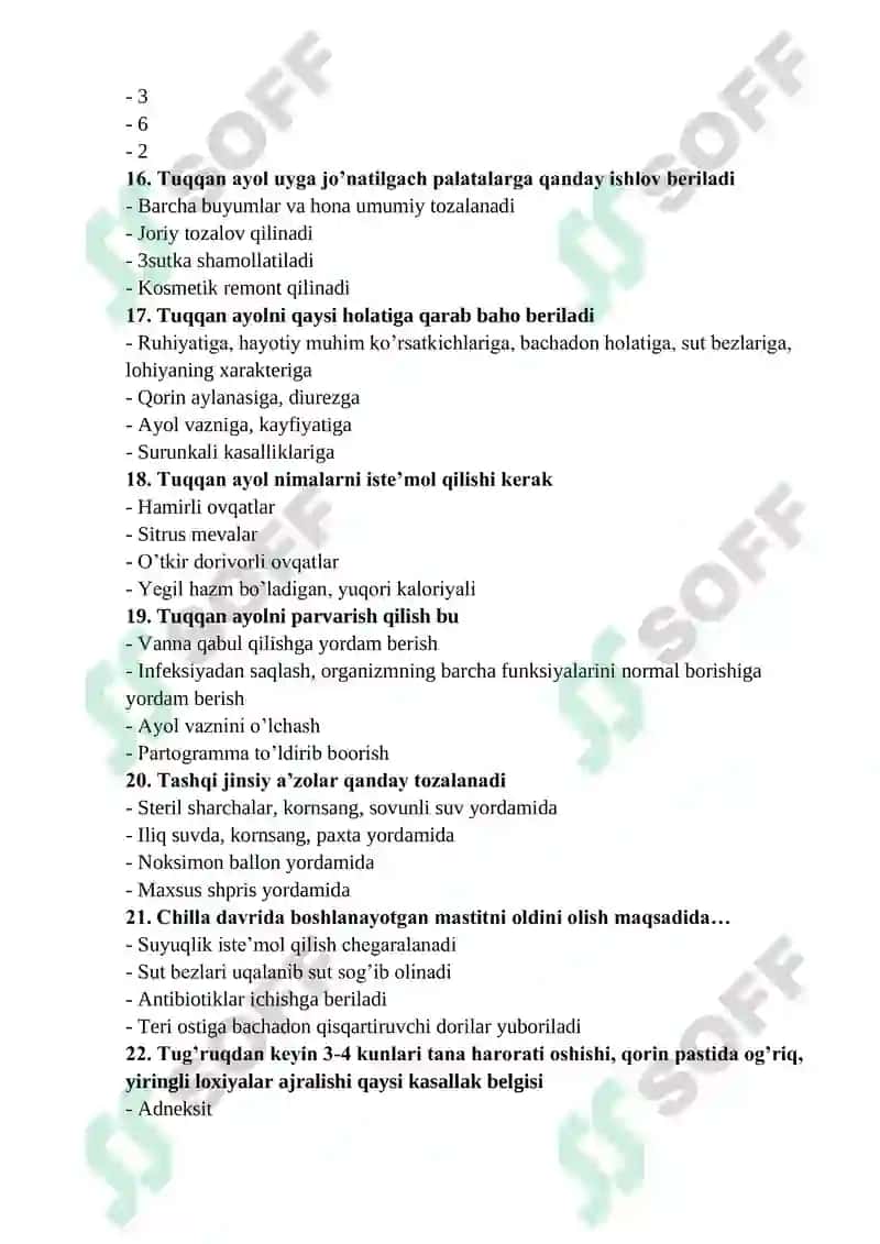 AKUSHERLIK ISHI MUTAXASSISLIGI BO’YICHA SHAKLLANTIRILGAN TEST SAVOLLARI RO’YXATI 3