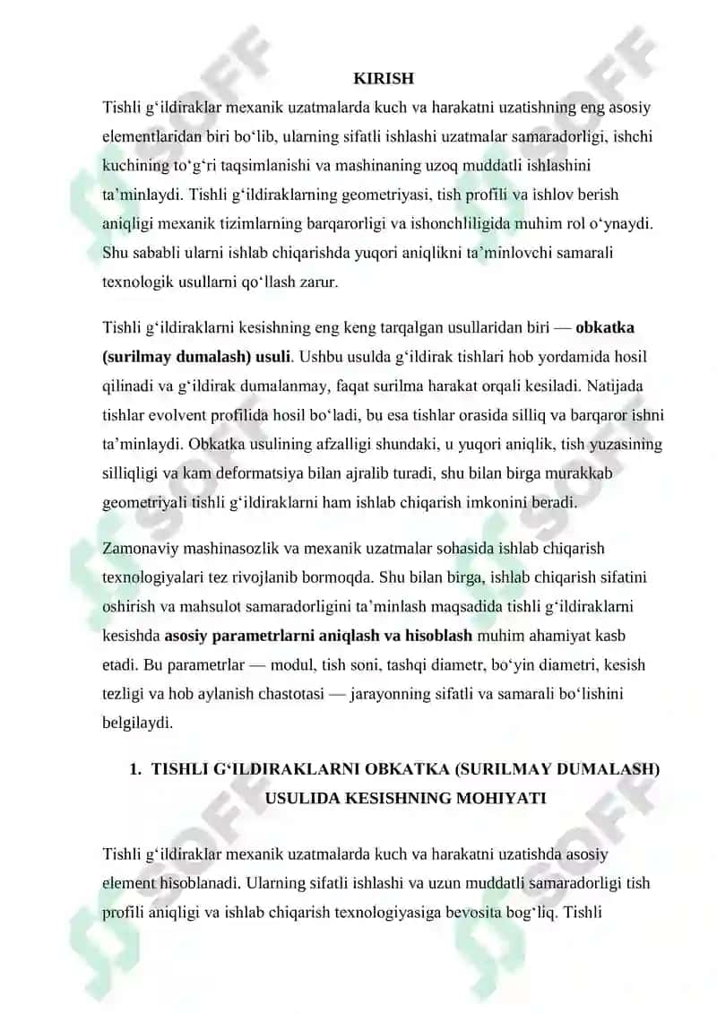 Tishli g’ildiraklarni obkatka (surilmay dumalash) usulida kesish va asosiy parametrlarni hisoblash 3