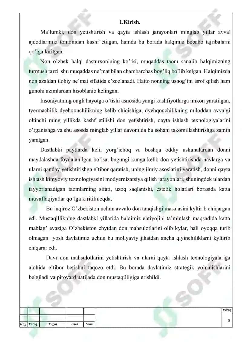 Tegirmonning quvvati 200 t/kun bo’lgan I- navli 75% li un ishlab chiqarish texnologiyasi. (triyer uskunasi) mavzusidagi bitiruv malakaviy ishining 3