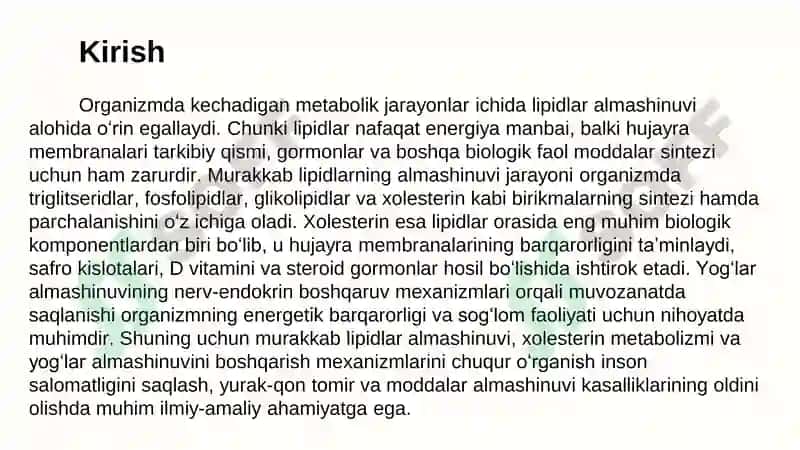 Murakkab lipidlar almashinuvi va yog‘lar almashinuvini boshqarish 3