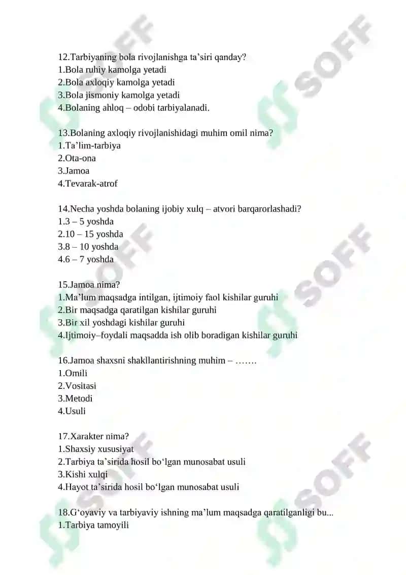 MAKTABGACHA PEDAGOGIKA” FANIDAN DAVLAT ATTESTATSIYASI UCHUN TEST SAVOLLAR 3