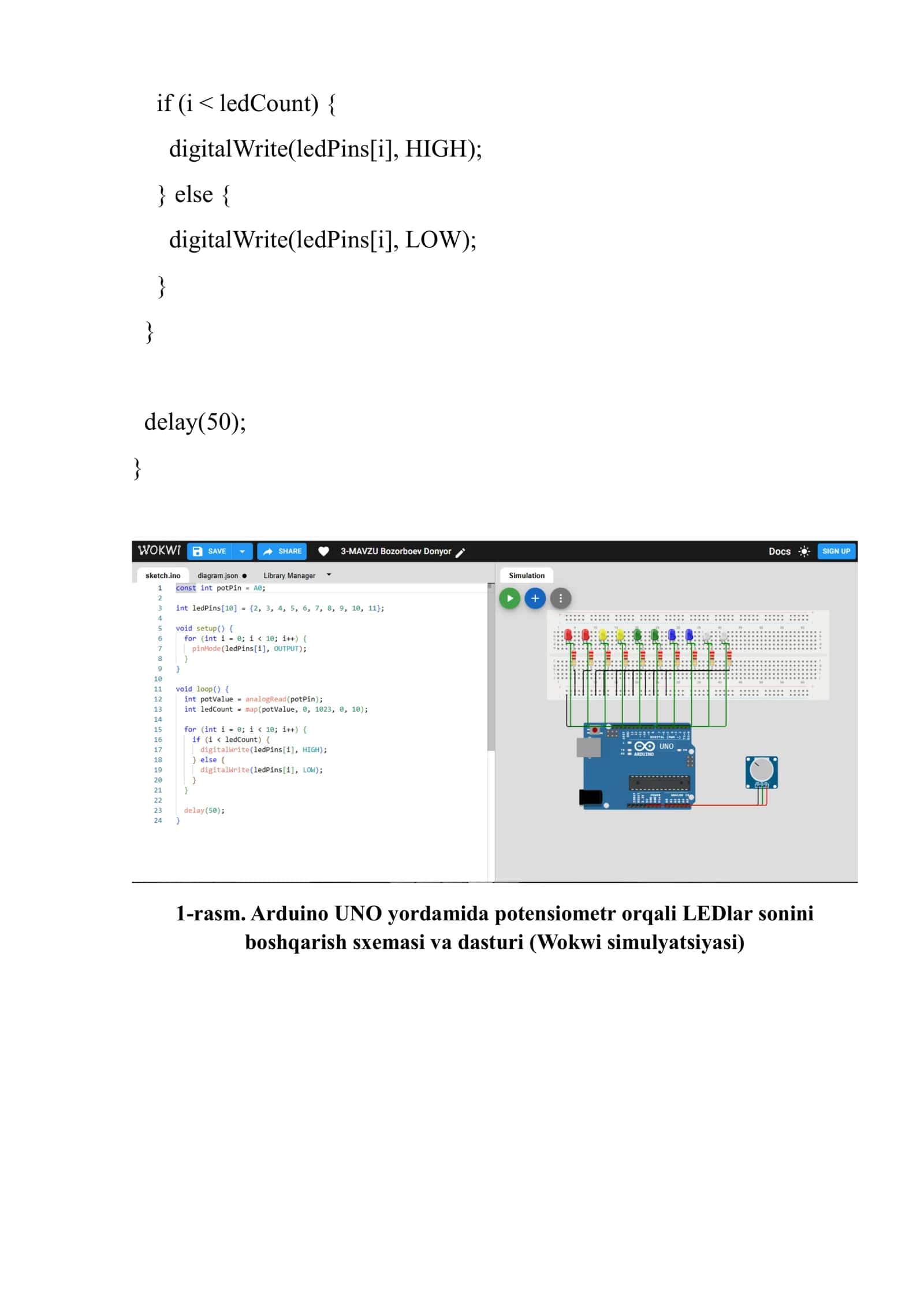Potensiometr. Arduino orqali yorug‘lik diodining yorug‘lik darajasini va ularning sonini o‘zgartirish 3
