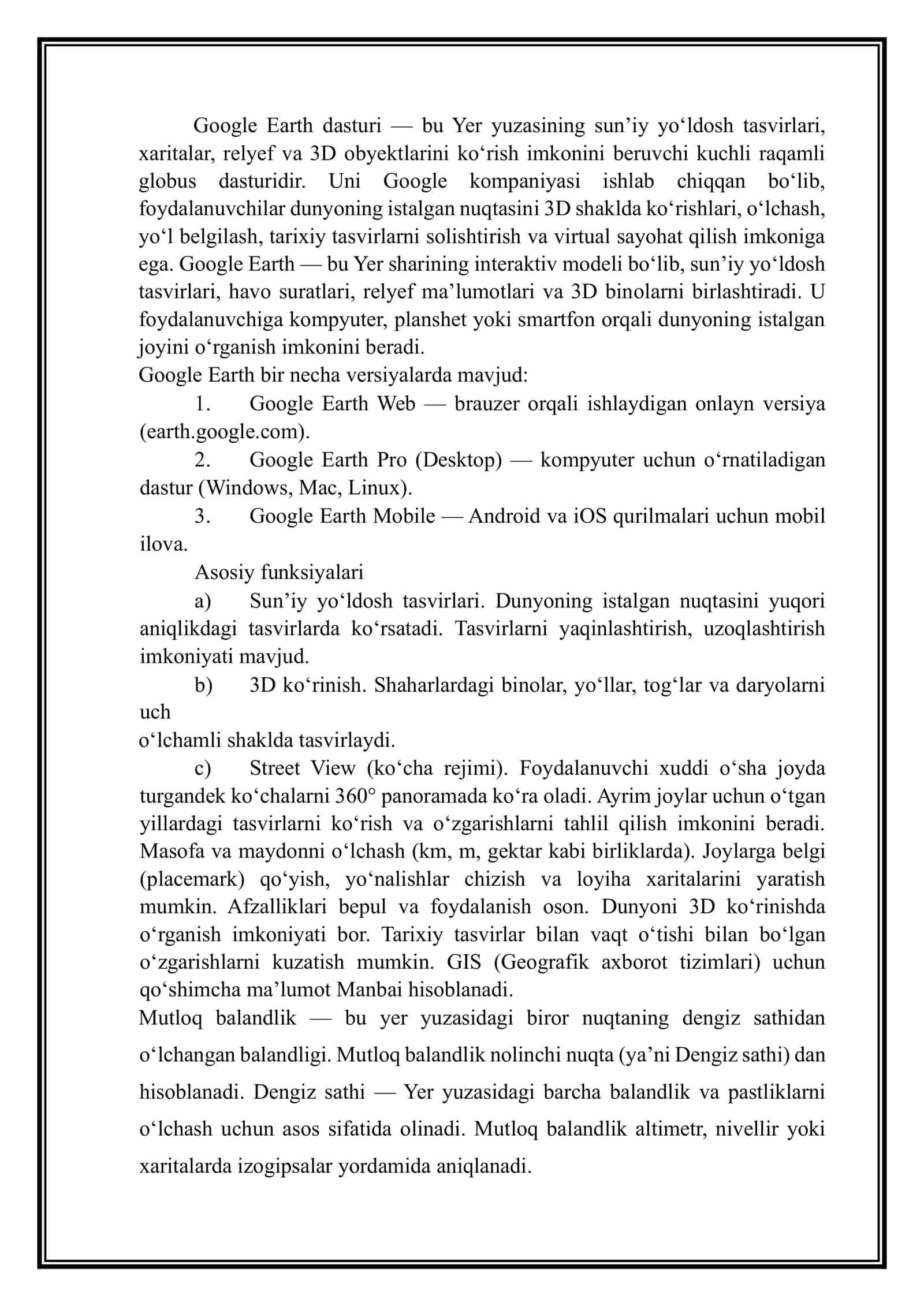 Suratga olinadigan hududning o‘rtacha mutloq va nisbiy balandligini hisoblash. 3