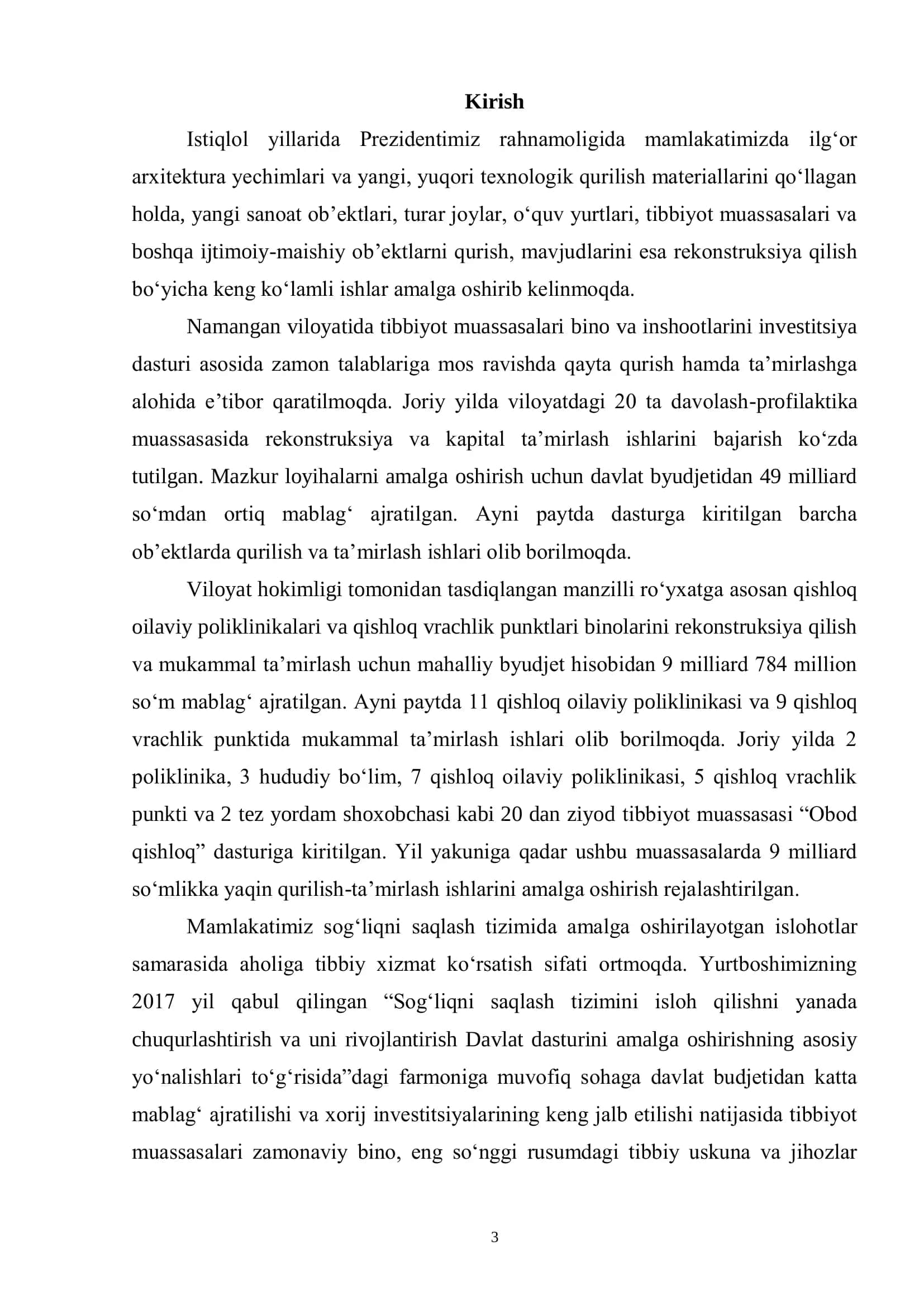 Namangan shahar “Orzu massivida 100 qatnovga mo‘ljallangan oilaviy poliklinika binosini loyihalash 3